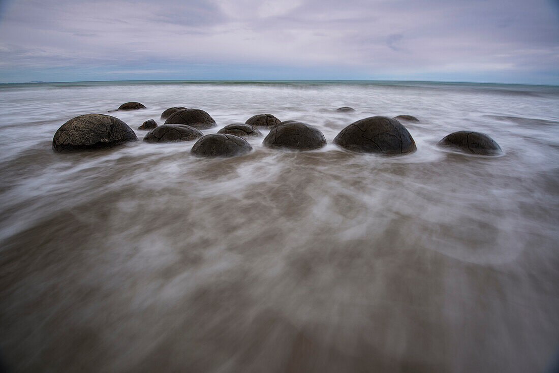 Long exposure of the Moeraki Boulders along Koekohe Beach on the South Island of New Zealand,Hampden,North Otago,New Zealand