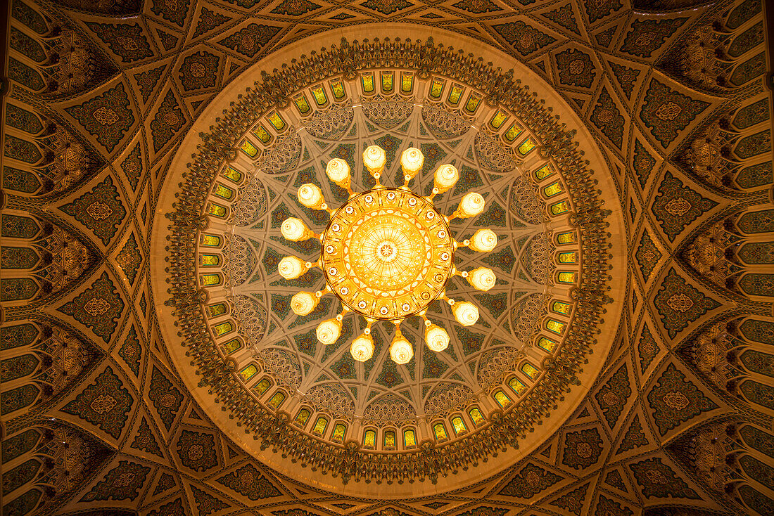 Chandelier above the praying hall inside the Sultan Qaboos Grand Mosque,viewed from directly below,Muscat,Oman