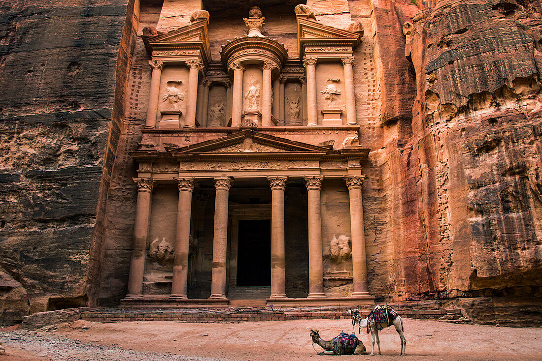 Treasury carved out of a sandstone rock face at Petra,Petra,Jordan