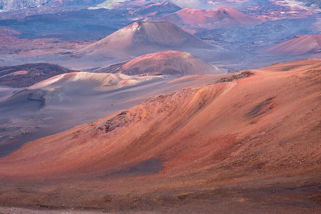 Sunset at Haleakala volcano looking into the interior of volcano  and volcanic cones,Maui,Hawaii,United States of America