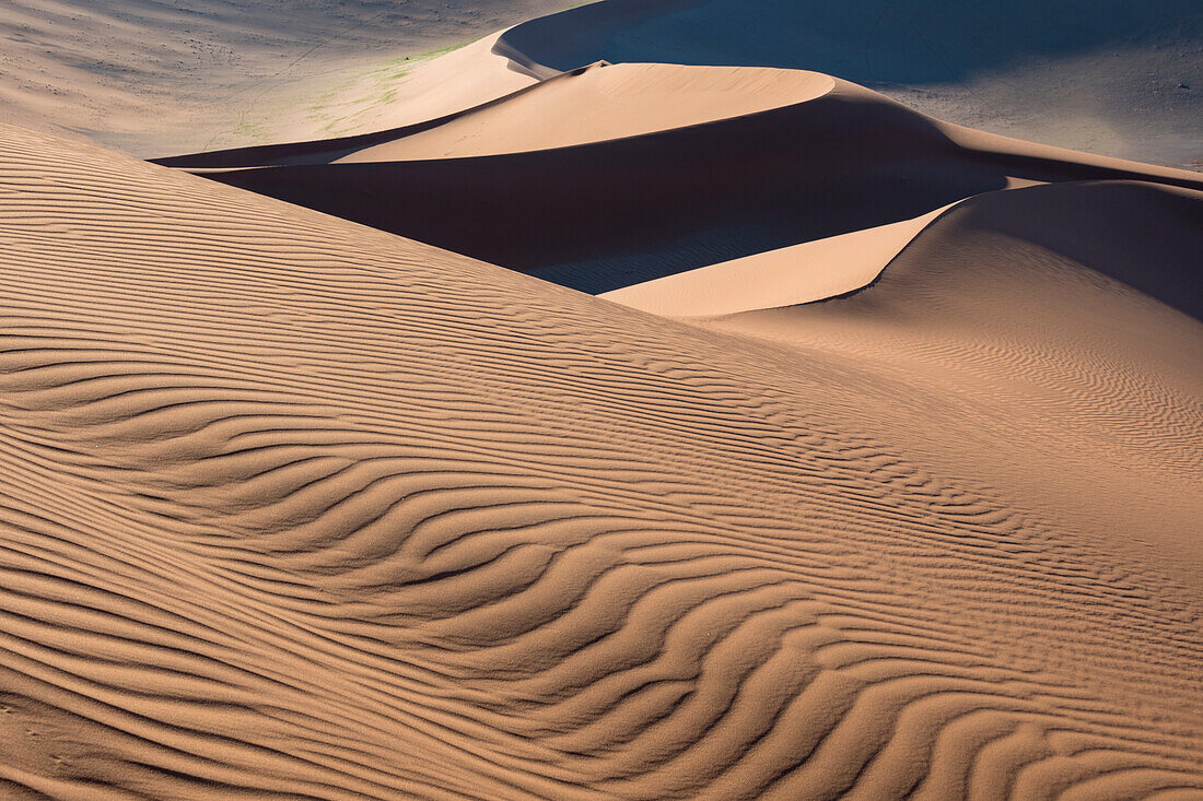 Wechselspiel von Licht und Schatten auf den windgepeitschten Dünen des Namib-Naukluft-Parks, Sossusvlei, Namibia