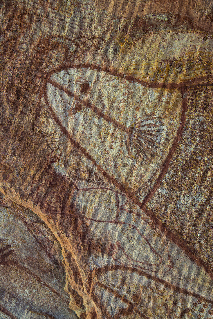 Wandjina spirit figures in a cave at Raft Point,part of the Bradshaw Rock Paintings collection of prehistoric Australian art,Kimberley,Western Australia,Australia