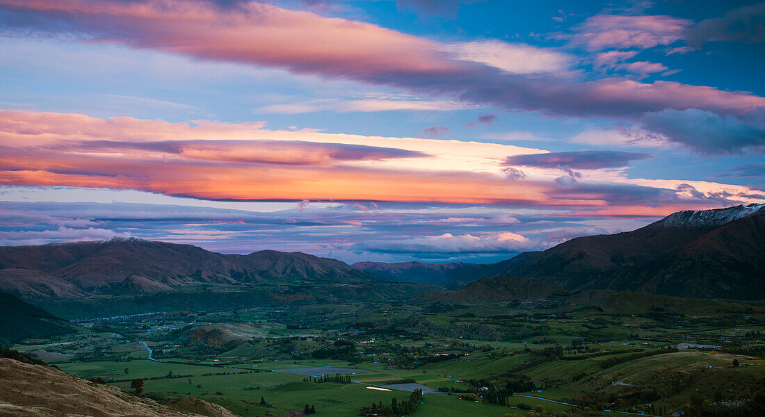 Sunset above the Cardona river valley in the Otago region of New Zealand,South Island,New Zealand