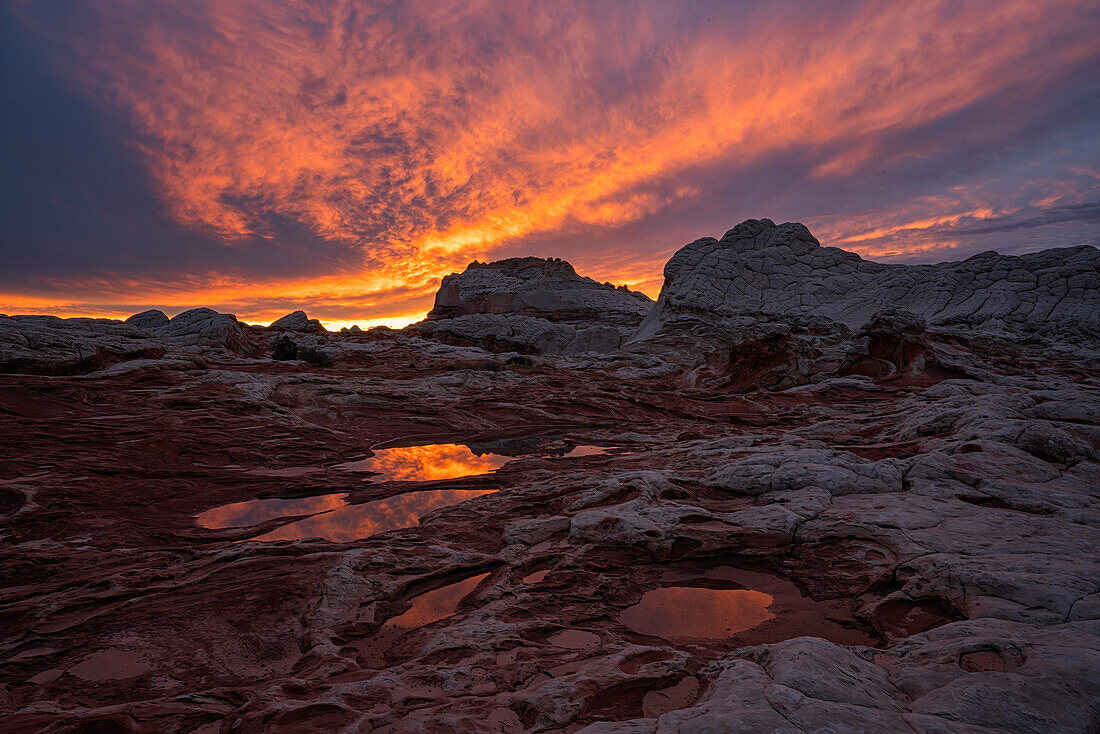 Sonnenuntergang mit leuchtenden rosa Wolken über dem wundersamen Gebiet, das als White Pocket bekannt ist und in Arizona liegt. Es ist eine fremde Landschaft mit erstaunlichen Linien, Konturen und Formen. Hier erzeugt die untergehende Sonne wunderschöne Farben am Himmel über dem Gebiet, Arizona, Vereinigte Staaten von Amerika