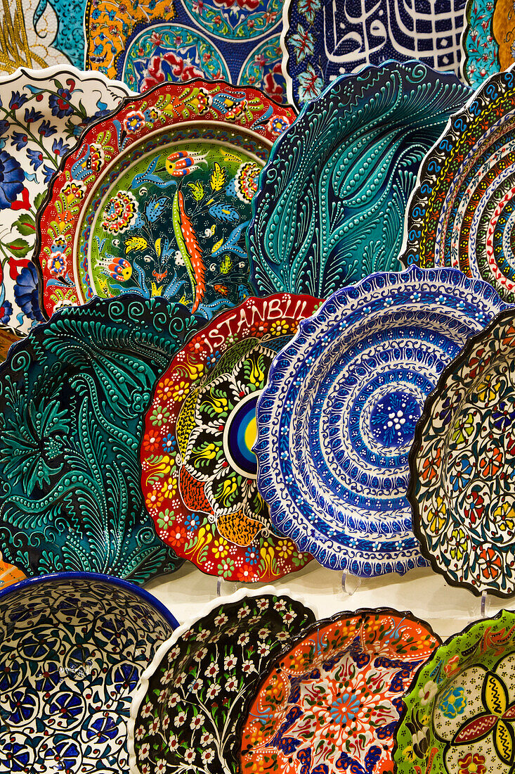 Dishware for sale,colorful plates in rows displayed in a shop in the Spice Bazaar in the Fatih District,Istanbul,Turkey