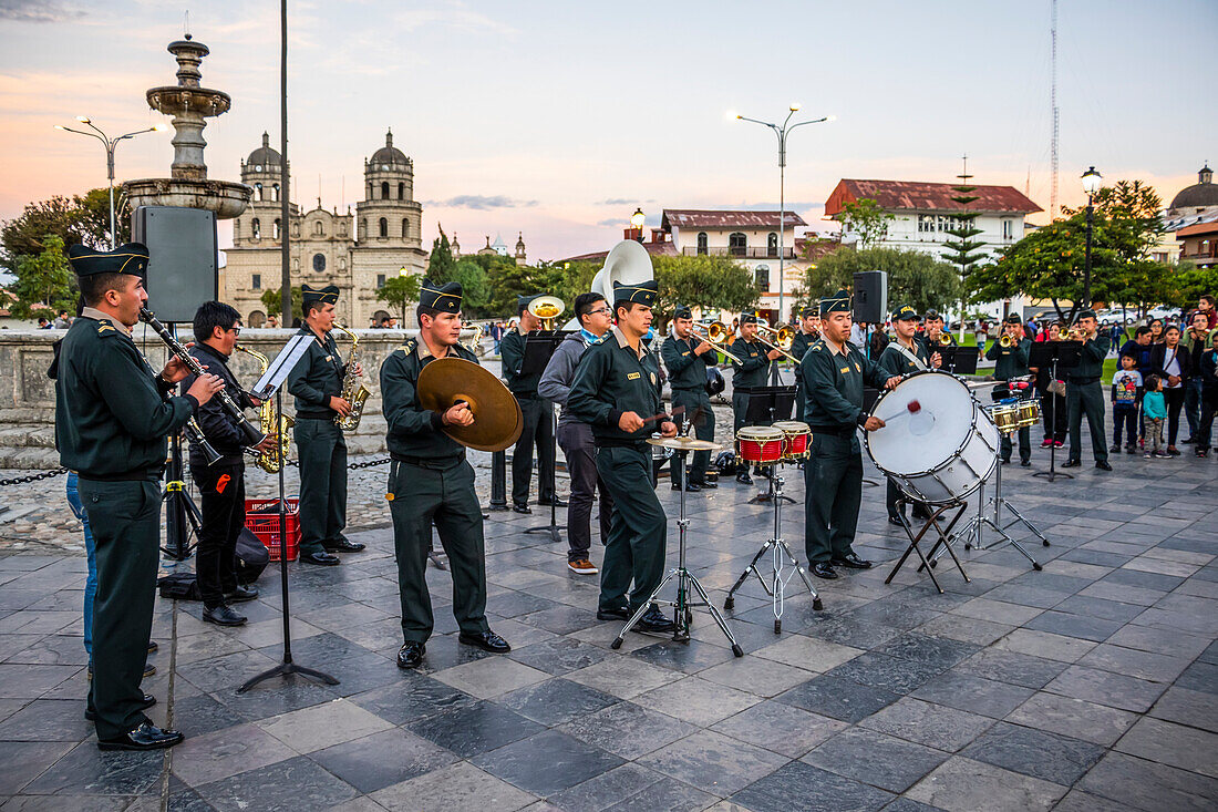 Police band performing on the Plaza de Armas in the evening,Cajamarca,Peru