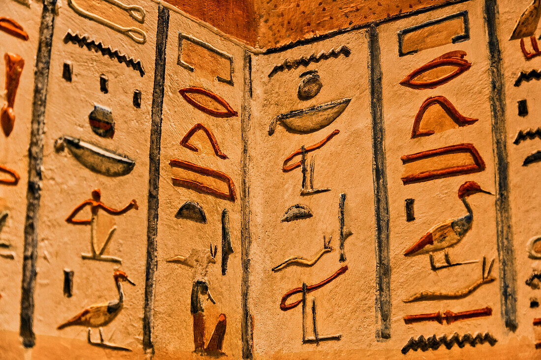 Close-up of bas-relief hieroglyphics painted on the walls of the Royal Tomb of Ramses IV,Valley of the Kings,Thebes,UNESCO World Heritage Site,Egypt,North Africa,Africa