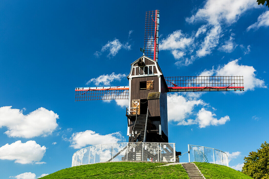 Hölzerne Windmühle auf einem grasbewachsenen Hügel mit blauem Himmel und flauschigen weißen Wolken, Brügge, Belgien