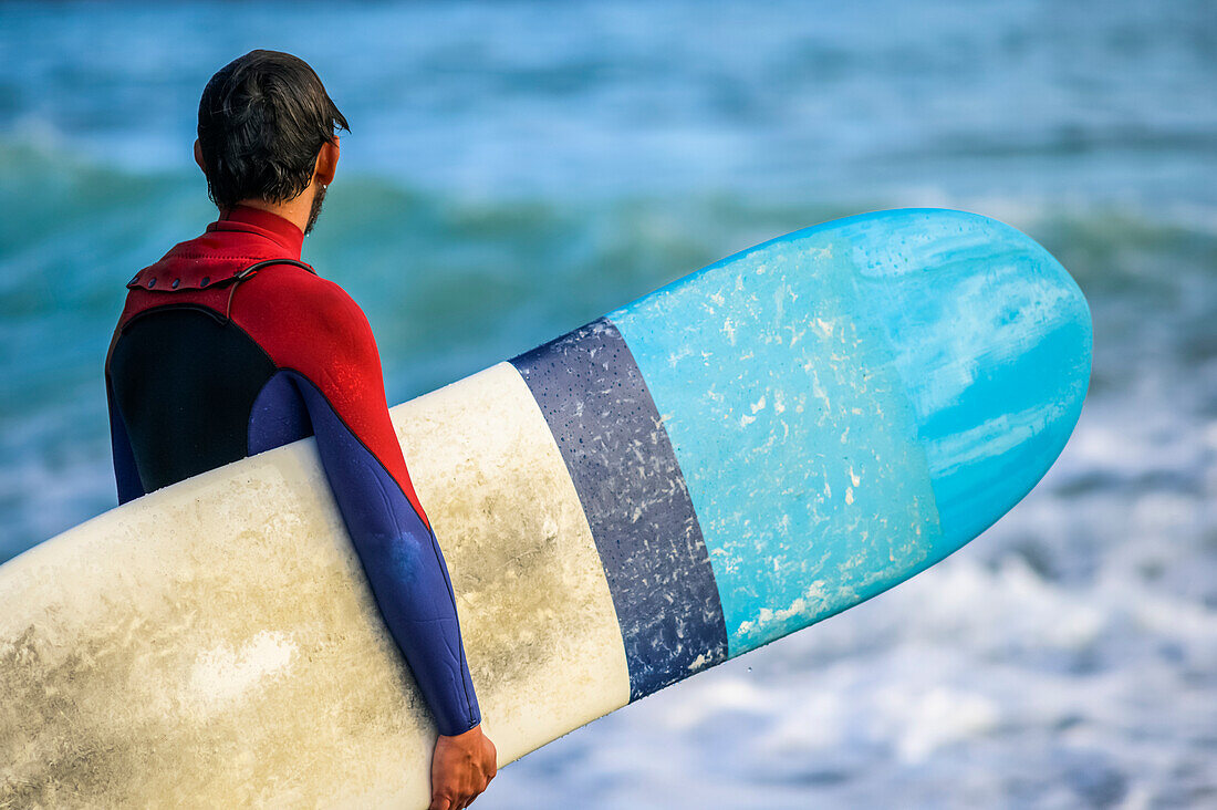 Surfer hält ein Surfbrett und schaut auf das Wasser, Houghton Bay, Wellington, Neuseeland