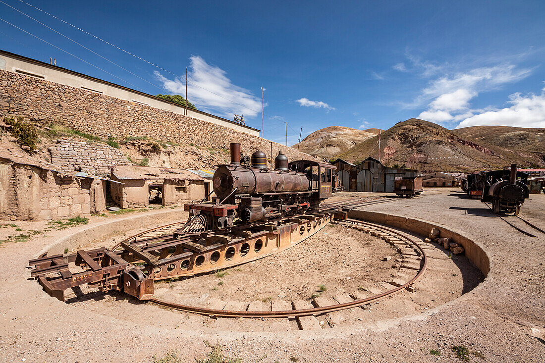 Rogers-Lokomotive 5544, Baujahr 1900, auf einer Drehscheibe, Pulacayo, Departement Potosi, Bolivien