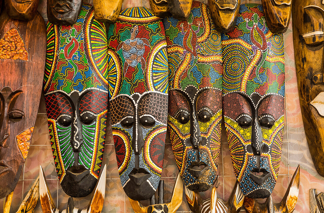 Colourful handpainted masks on display,Nagaa Suhayi Gharb,Nubian Village,Nagaa Suhayi Gharb,Aswan,Egypt