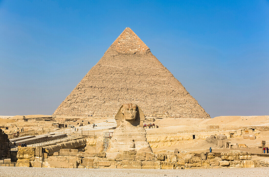 Große Sphinx von Gizeh, Chephrenpyramide (Hintergrund), Pyramidenkomplex von Gizeh, UNESCO-Weltkulturerbe, Gizeh, Ägypten