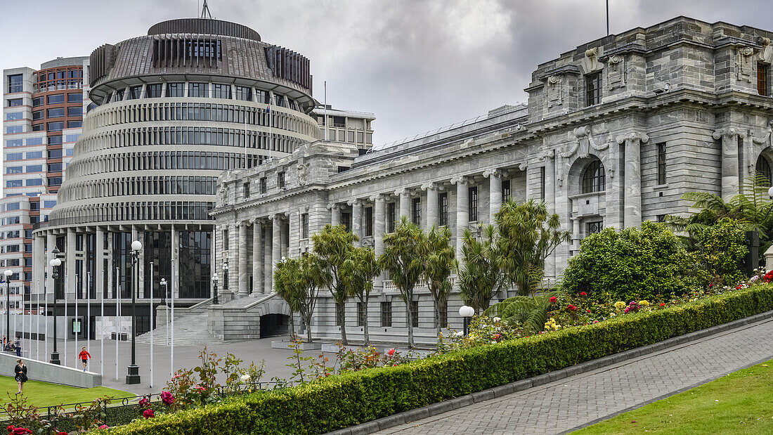 The Beehive, der Exekutivflügel des neuseeländischen Parlamentsgebäudes auf der Nordinsel, Wellington, Region Wellington, Neuseeland