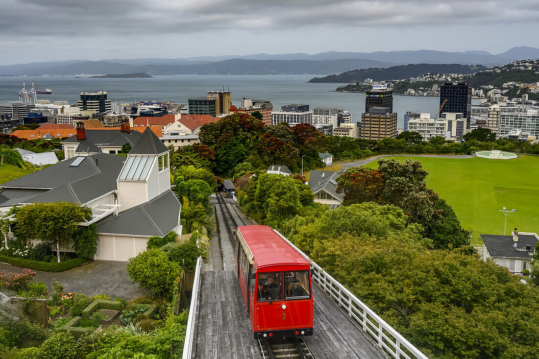 Die Wellington Cable Car ist eine Standseilbahn in Wellington, Neuseeland, zwischen Lambton Quay, der Haupteinkaufsstraße, und Kelburn, einem Vorort in den Hügeln über dem Stadtzentrum, Wellington, Region Wellington, Neuseeland