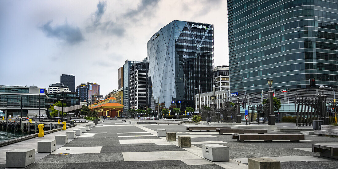 Promenade along the coast with commercial buildings on the waterfront,Wellington,Wellington Region,New Zealand