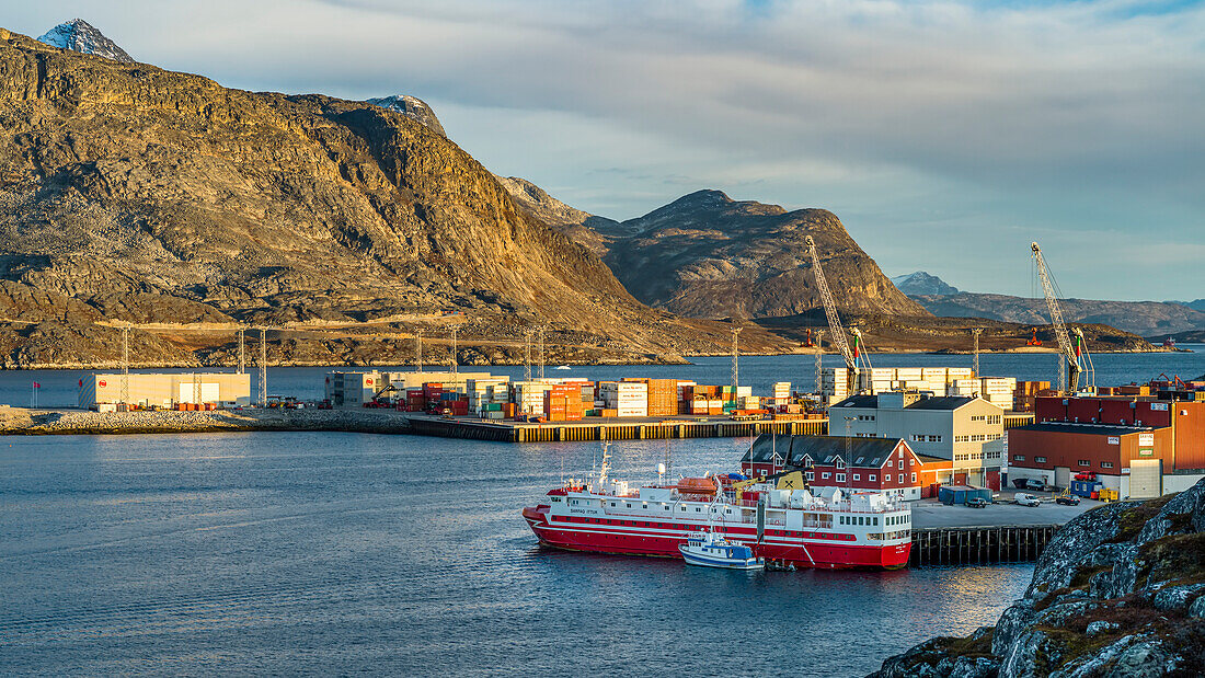 Boats and shipping containers with cranes in the port of Nuuk,Nuuk,Sermersooq,Greenland