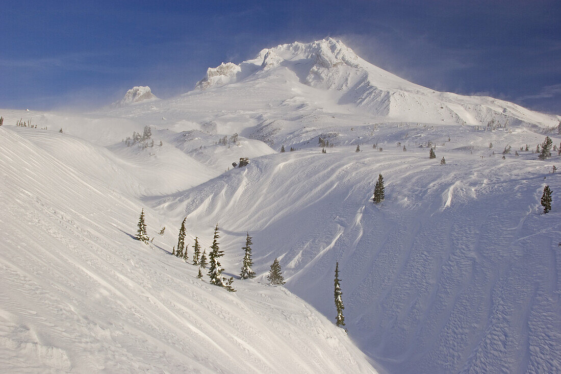 Mount Hood Wildnis im Winter, mit unberührtem Tiefschnee, der vom Wind auf den Gipfel geblasen wird, Oregon, Vereinigte Staaten von Amerika