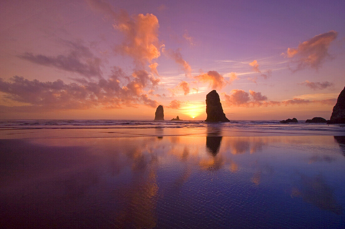 Silhouetted sea stacks in the pacific ocean at sunset,Oregon coast,Oregon,United States of America