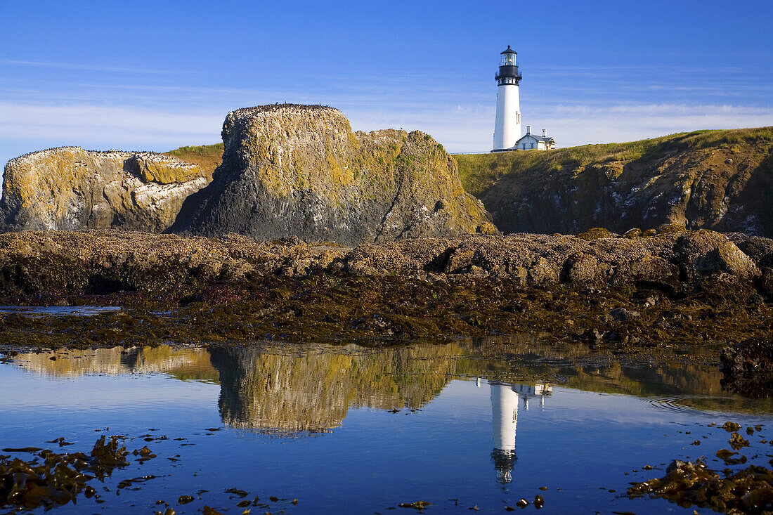 Yaquina Head Light reflected in a tide pool along the Oregon coast,Yaquina Bay State Park,Oregon,United States of America