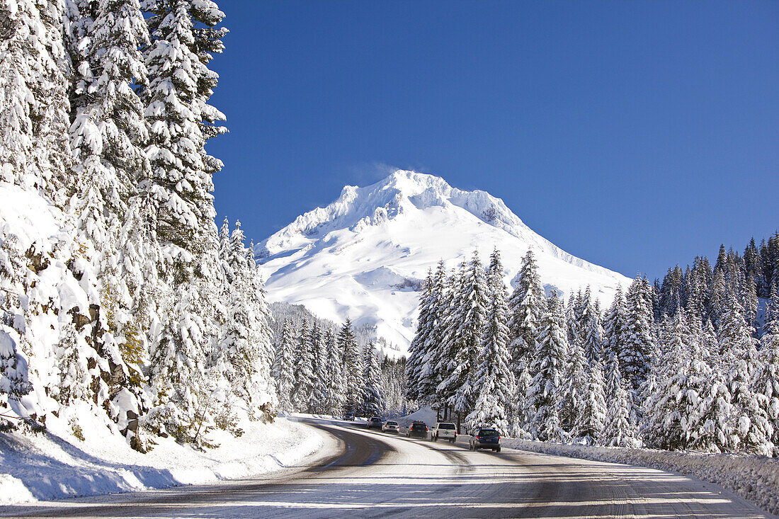 Fahrzeuge auf einer Bergstraße entlang eines verschneiten Waldes und Mount Hood im Winter, Mount Hood National Forest, Oregon, Vereinigte Staaten von Amerika