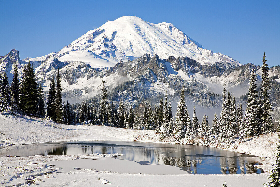 Mount Rainier and Tipsoo Lake covered in snow in winter,Mount Rainier National Park,Washington,United States of America