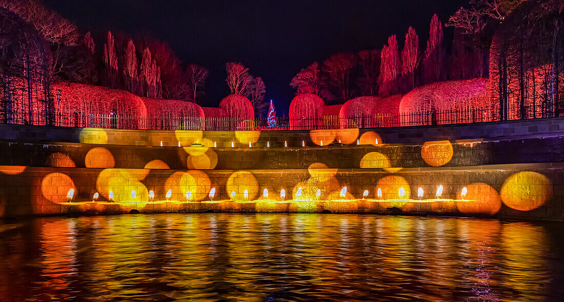 Illuminated Christmas Light Show at night at the Alnwick Gardens,Northumberland,England,United Kingdom