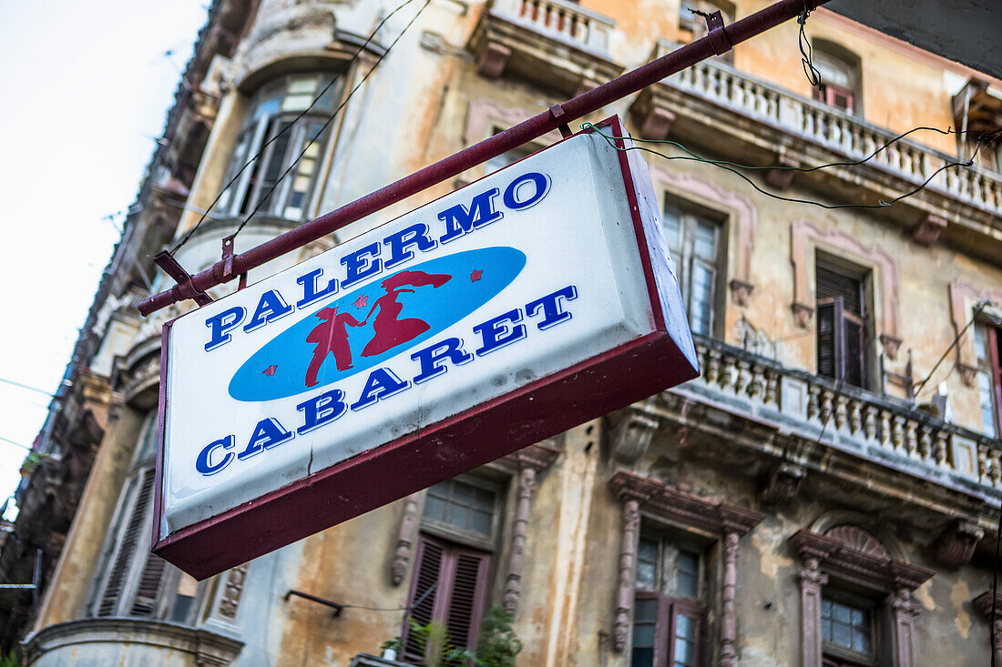 Close-up of cabaret sign and apartment building on the streets of Old Havana,Havana,Cuba