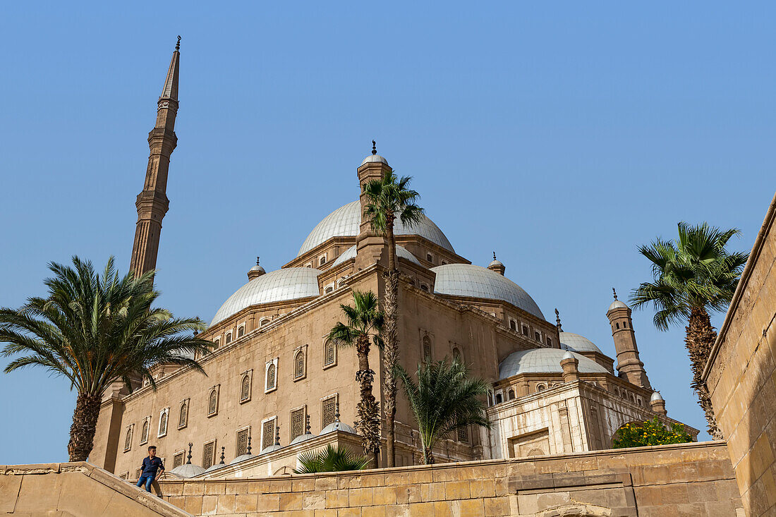 Große Moschee von Muhammad Ali Pasha oder Alabastermoschee, Minarett und Palmen vor blauem Himmel, Kairo, Ägypten