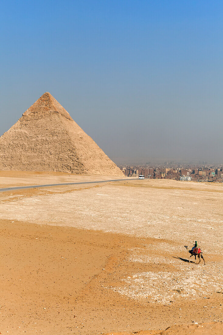 Kamelreiten bei der Großen Pyramide von Gizeh, Gizeh-Plateau, Altes Ägypten, Gizeh, Ägypten