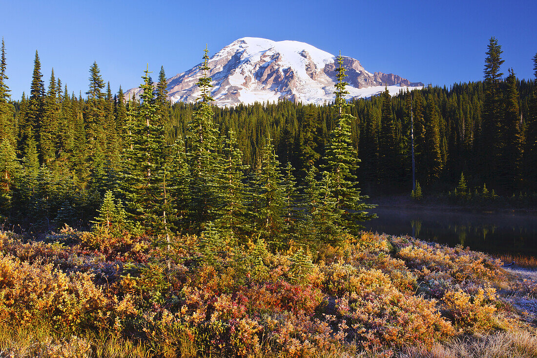 Schneebedeckter Mount Rainier bei Sonnenaufgang, mit herbstlich gefärbter Vegetation am Ufer und Nebel, der aus dem Wasser des Reflection Lake aufsteigt, Washington, Vereinigte Staaten von Amerika