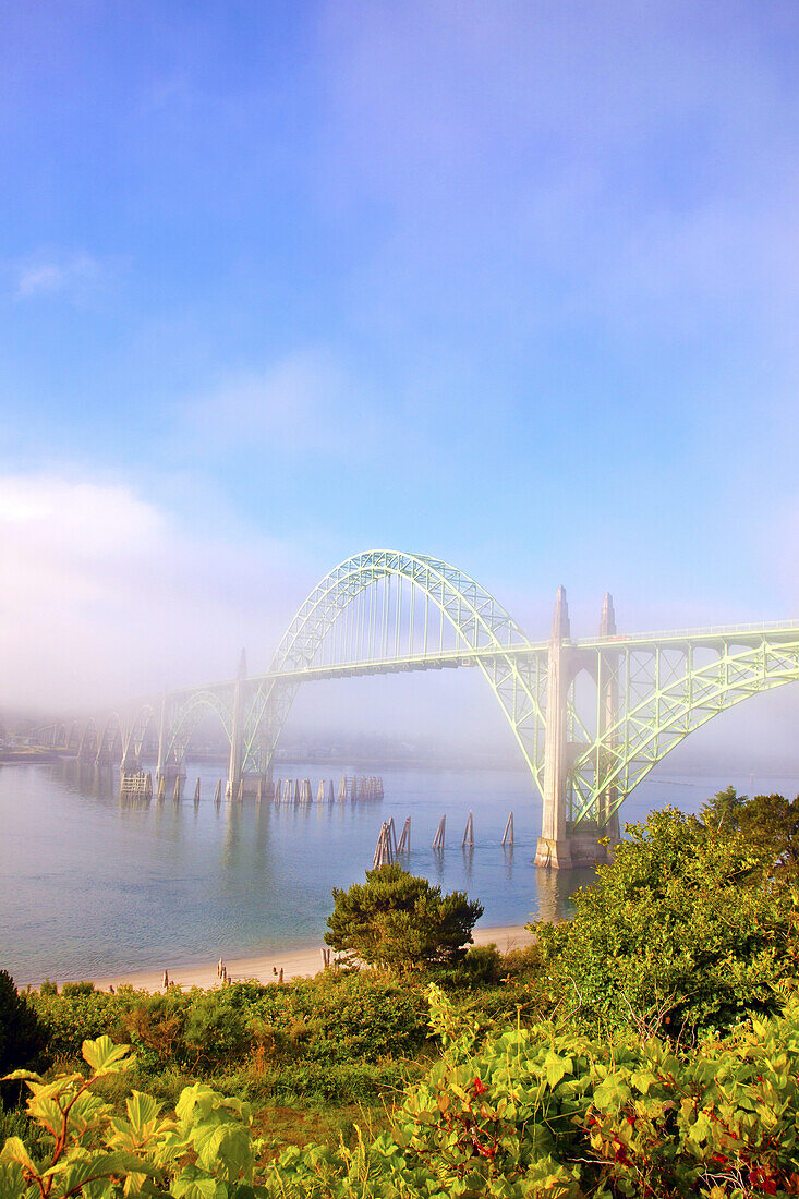 Yaquina Bay Bridge im Nebel in Newport an der Küste von Oregon,Newport,Oregon,Vereinigte Staaten von Amerika