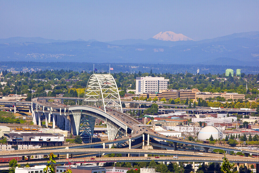 Fremont Bridge (Interstate 405) over the Willamette River in Portland,Oregon and Mount Tabor along the skyline,Portland,Oregon,United States of America