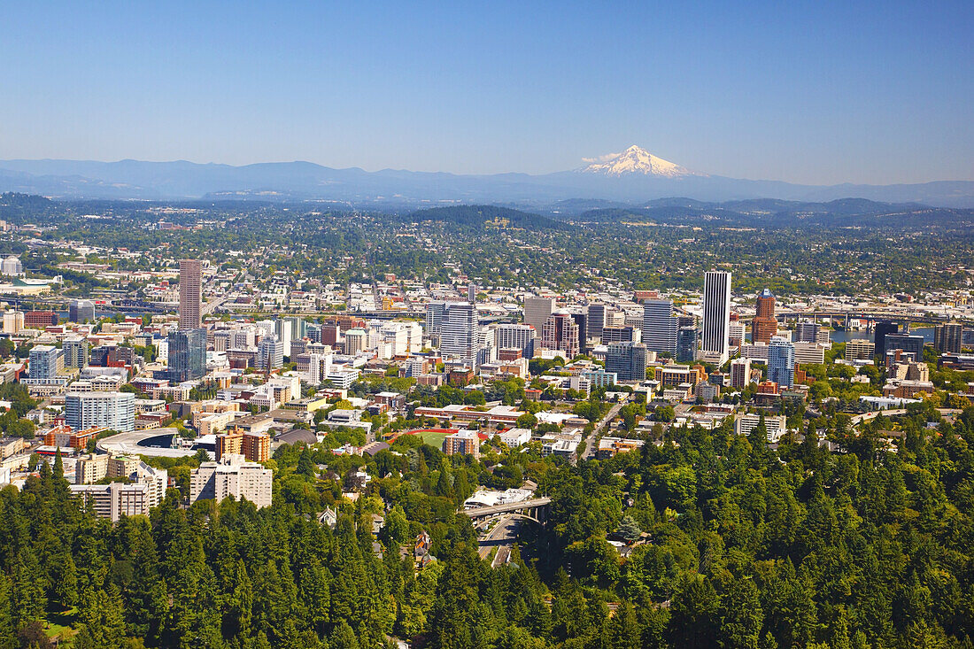 Stadtbild von Portland, Oregon, mit dem Willamette River und einem Blick auf Mount Hood und die Cascade Range in der Ferne, Portland, Oregon, Vereinigte Staaten von Amerika