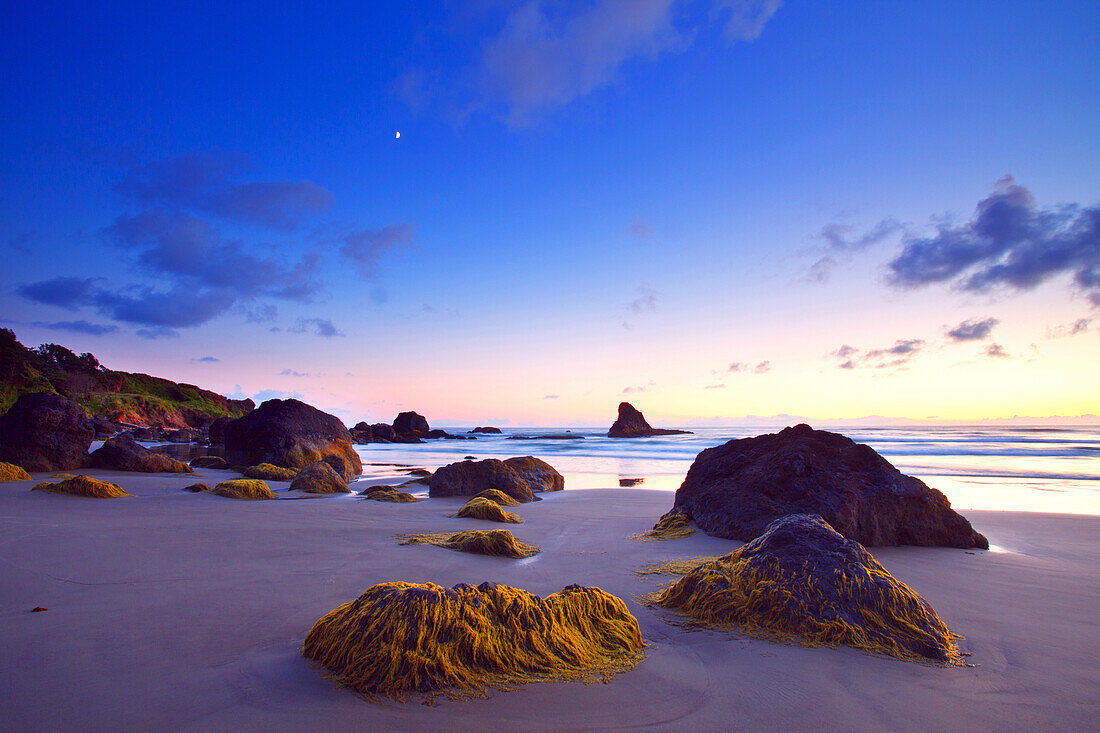 Sonnenuntergangslicht über einem Strand an der Küste von Oregon,Oregon,Vereinigte Staaten von Amerika