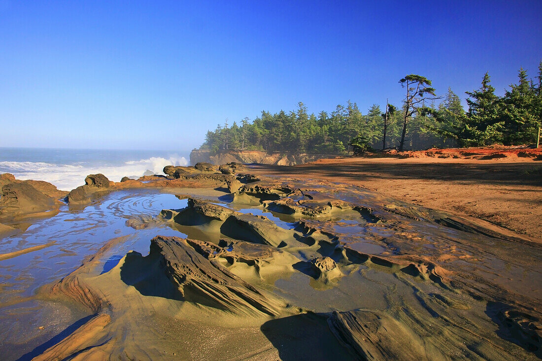 Gezeitentümpel an einer zerklüfteten Küste entlang der Küste von Oregon mit Nebel, der von der plätschernden Brandung aufsteigt, und einem Wald unter einem strahlend blauen Himmel, Oregon, Vereinigte Staaten von Amerika