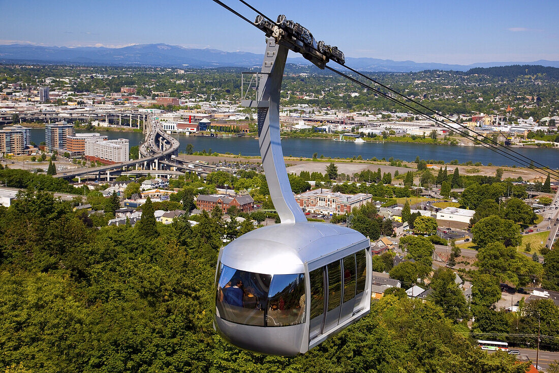 Aerial tram with a view of Willamette River,Portland,Oregon,United States of America