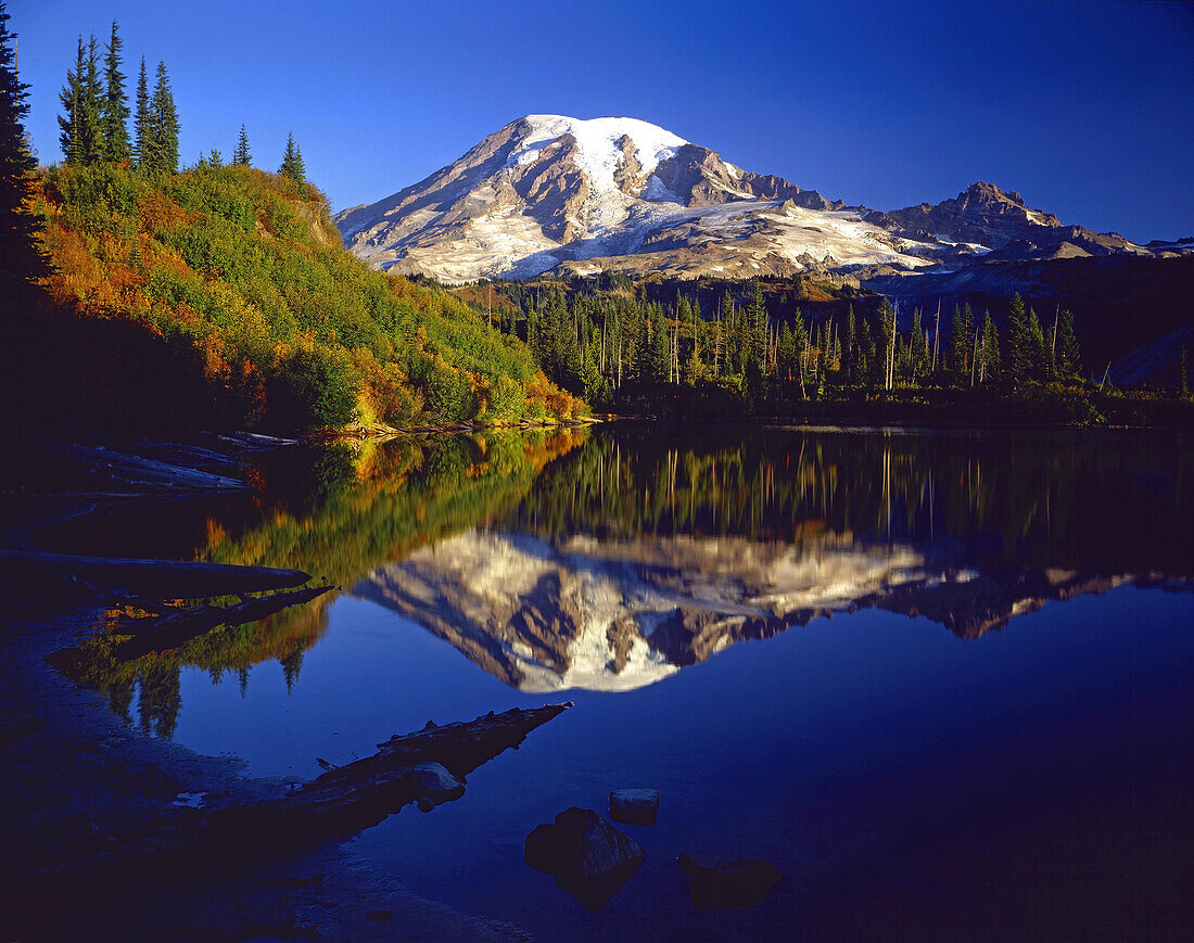 Mount Rainier reflected in a lake in Paradise Park in autumn,Mount Rainier National Park,Washington,United States of America