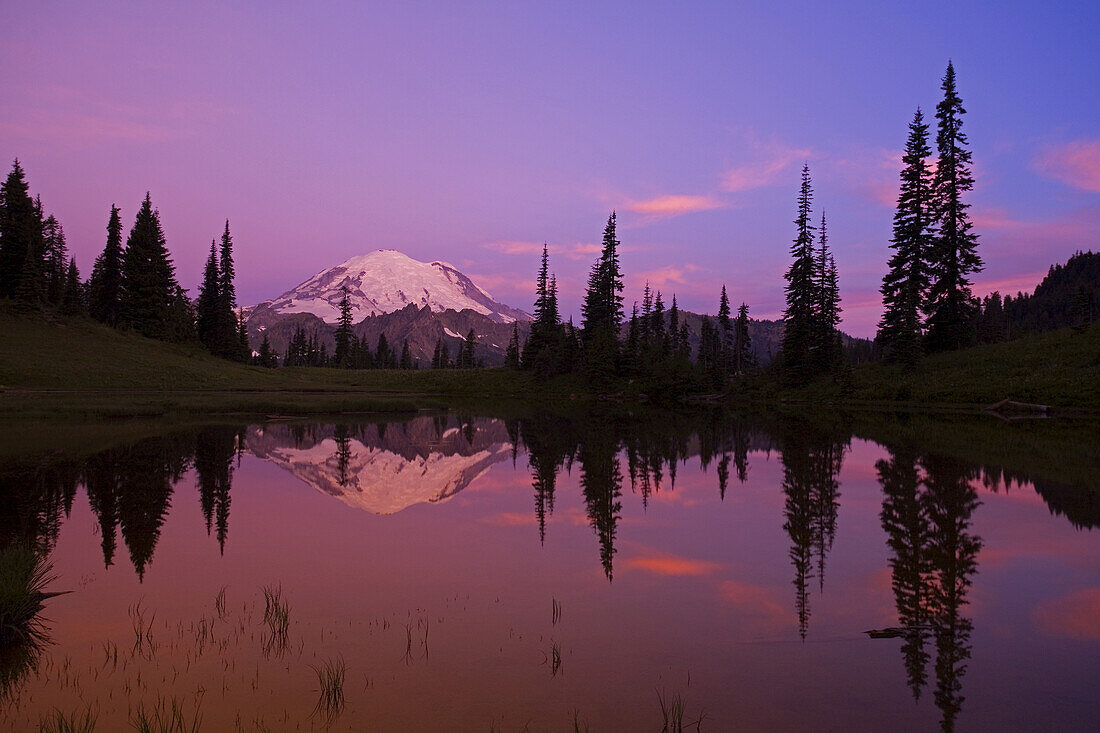 Spiegelbild des schneebedeckten Mount Rainier und des Waldes, der sich im Tipsoo Lake bei Sonnenaufgang spiegelt, Mount Rainier National Park, Washington, Vereinigte Staaten von Amerika