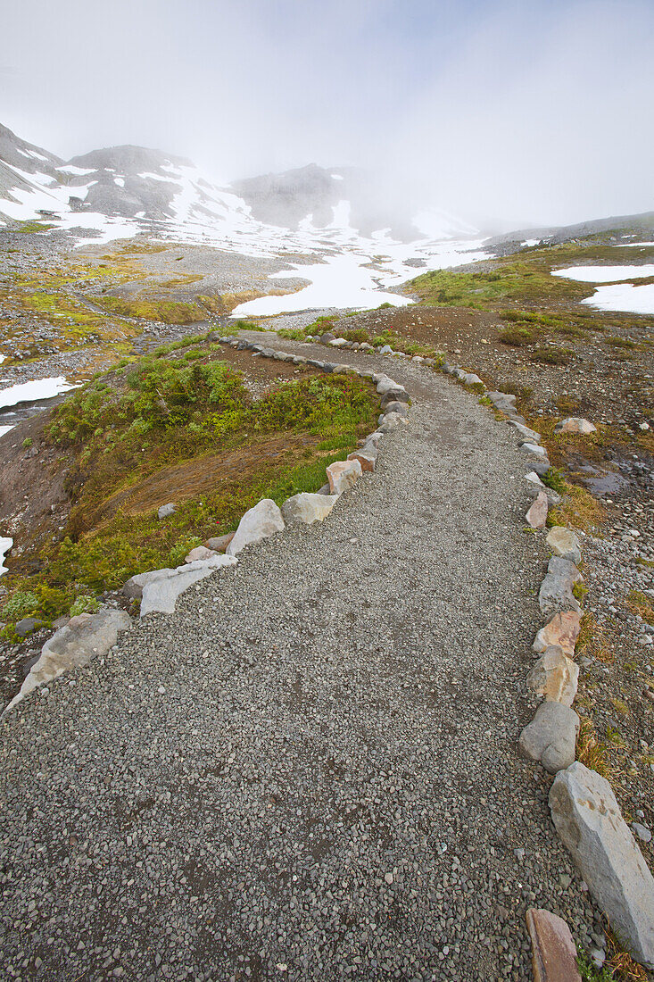 Ein Pfad führt durch den Nebel zum Schnee in einer Berglandschaft im Paradise Park im Mount Rainier National Park, Washington, Vereinigte Staaten von Amerika