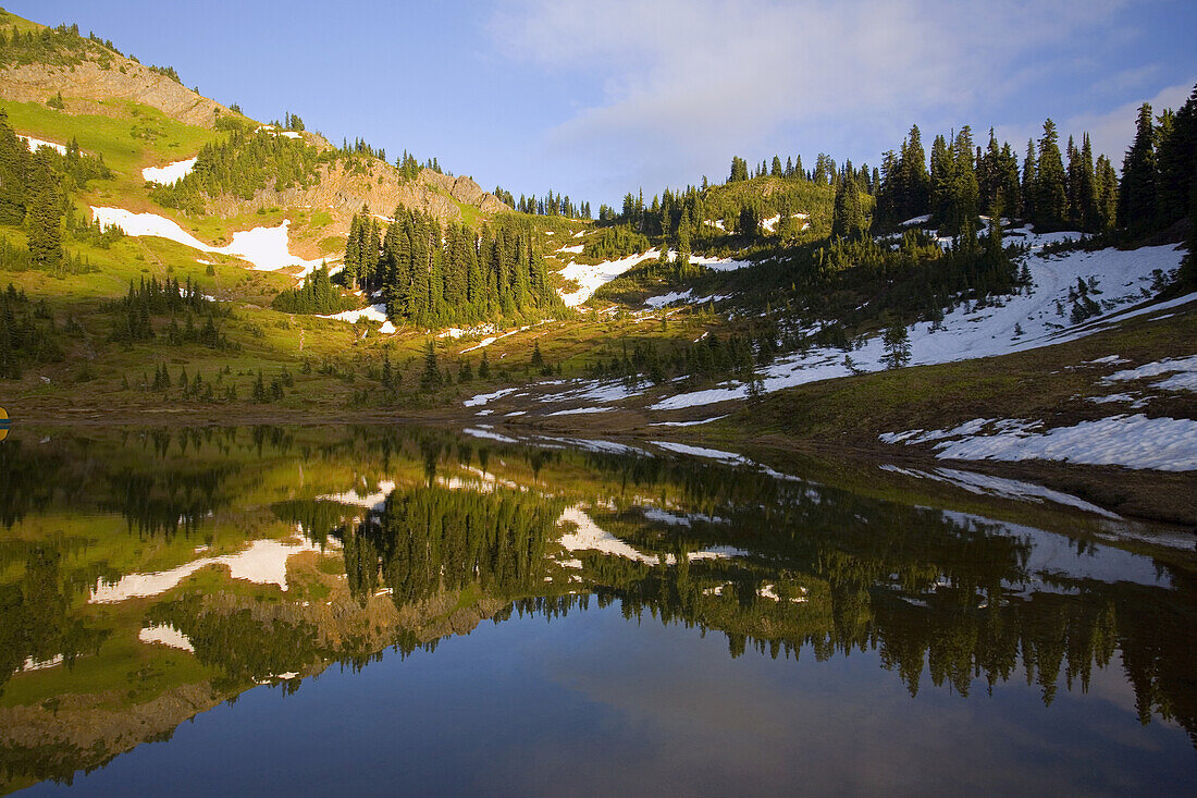 Grüne Landschaft mit Spuren von Schnee, die sich im ruhigen Tipsoo Lake im Mount Rainier National Park, Washington, Vereinigte Staaten von Amerika, spiegeln