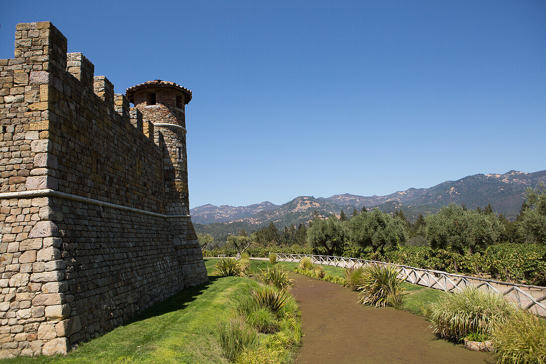 The architecture of Castello di Amorosa,a winery in Napa Valley,designed as a castle.,Silverado Trail,Napa Valley,California