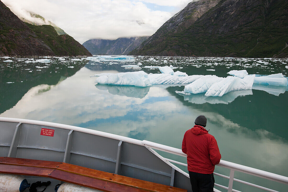A passenger stands on the bow of an expedition cruise ship as it navigates water around icebergs and mountains.,Inside Passage,Alaska