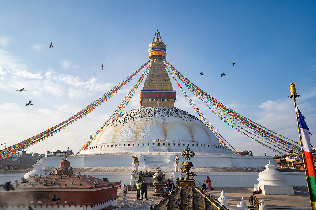 The largest Tibetan Buddhist stupa in Nepal seen from the monastery at Boudhanath Stupa of Kathmandu,Nepal,Kathmandu,Kathmandu,Nepal