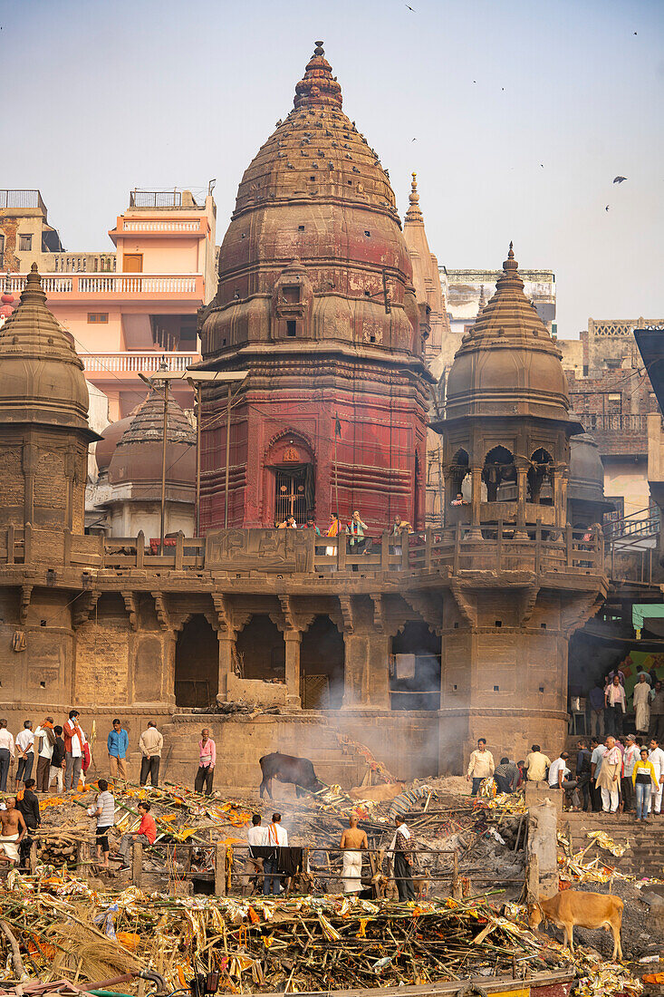 Manikarnika cremation ghat on the bank of the Ganges River,Varanasi,Uttar Pradesh,India