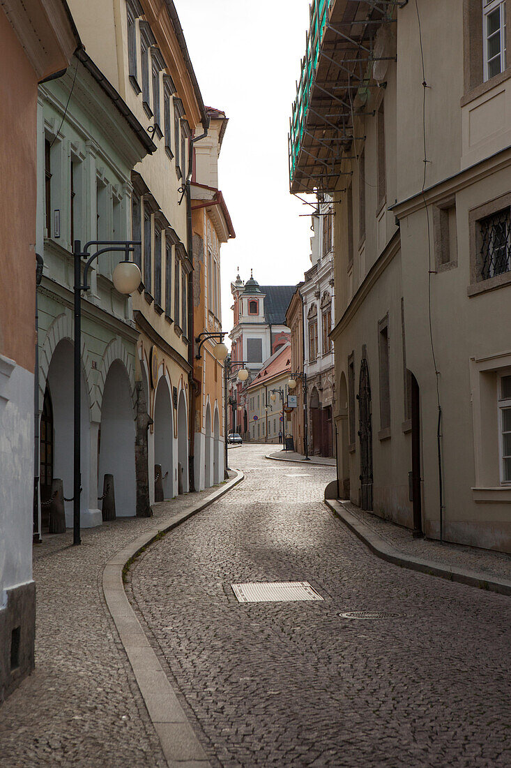 Narrow,winding cobblestone streets,buildings and architecture in Kutna Hora.,Kutna Hora,Czech Republic
