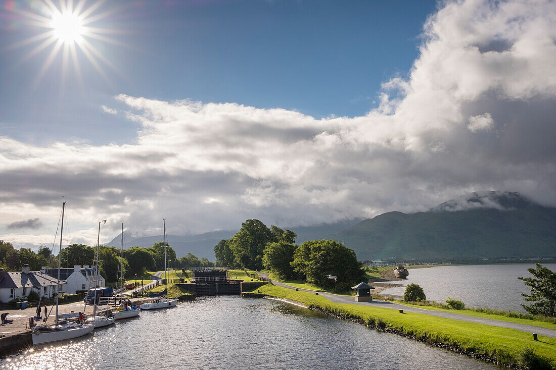 The sun shines over the landscape along the Caledonian Canal near Corpach,Scotland,Corpach,Scotland