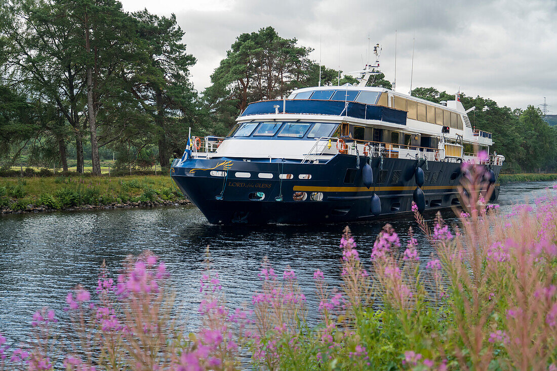 Ein Ausflugsboot fährt auf dem Caledonian Canal bei Fort Augustus, Schottland, Fort Augustus, Schottland