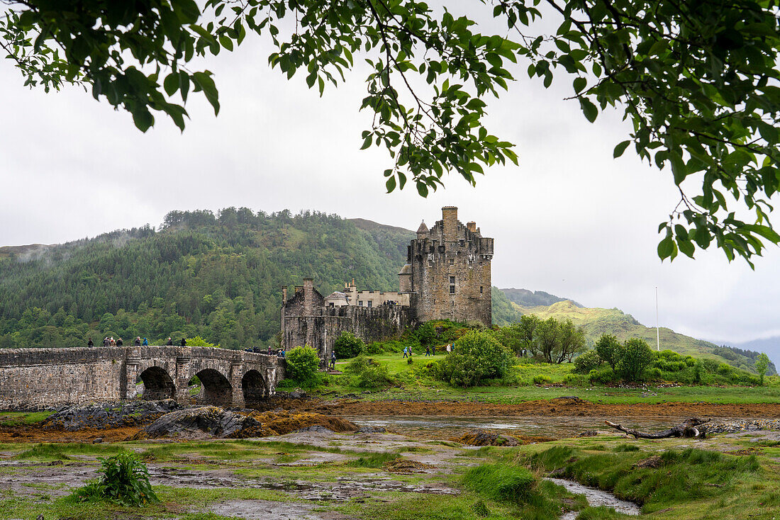 A view of Eilean Donan Castle and its causeway bridge in Kyle of Lochalsh,Scotland,Kyle of Lochalsh,Scotland