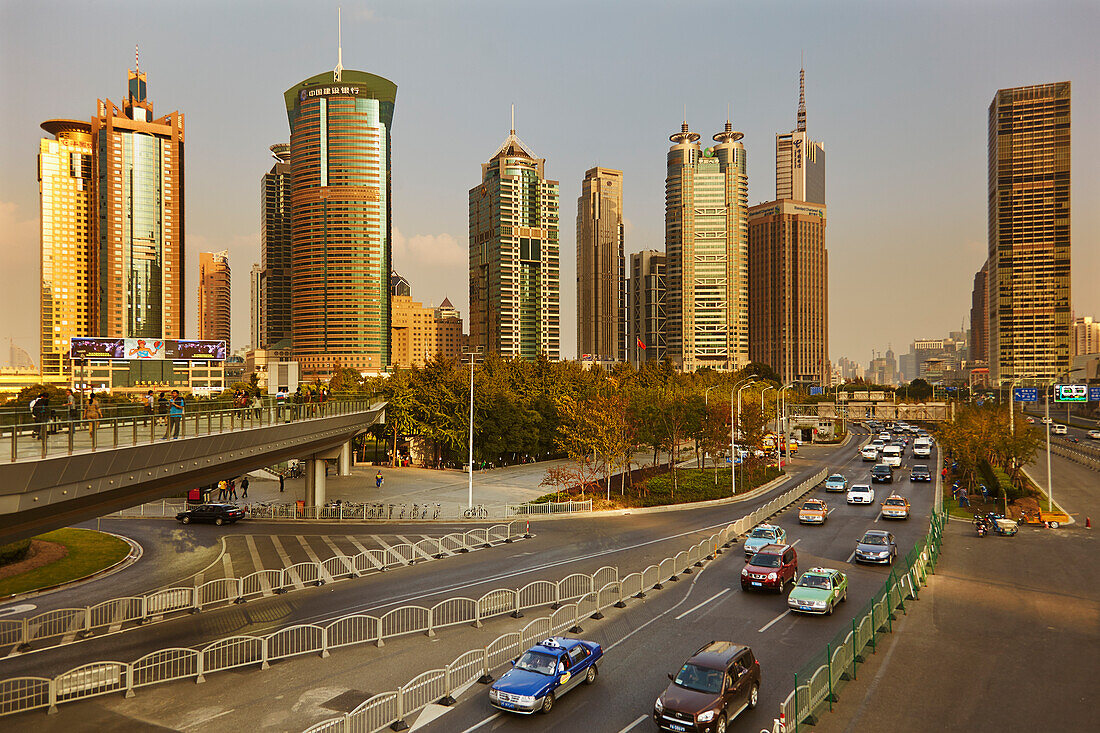 Buildings and traffic in the Lujiazui district of Pudong,Shanghai,China.,Lujiazui,Pudong,Shanghai,China.