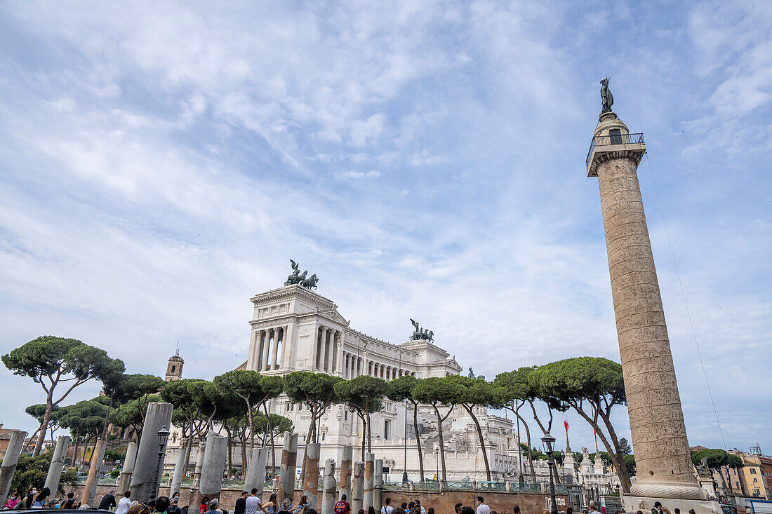 Trajan's Column and Victor Emmanuel II National Monument in the Piazza Venezia of Rome,Rome,Italy